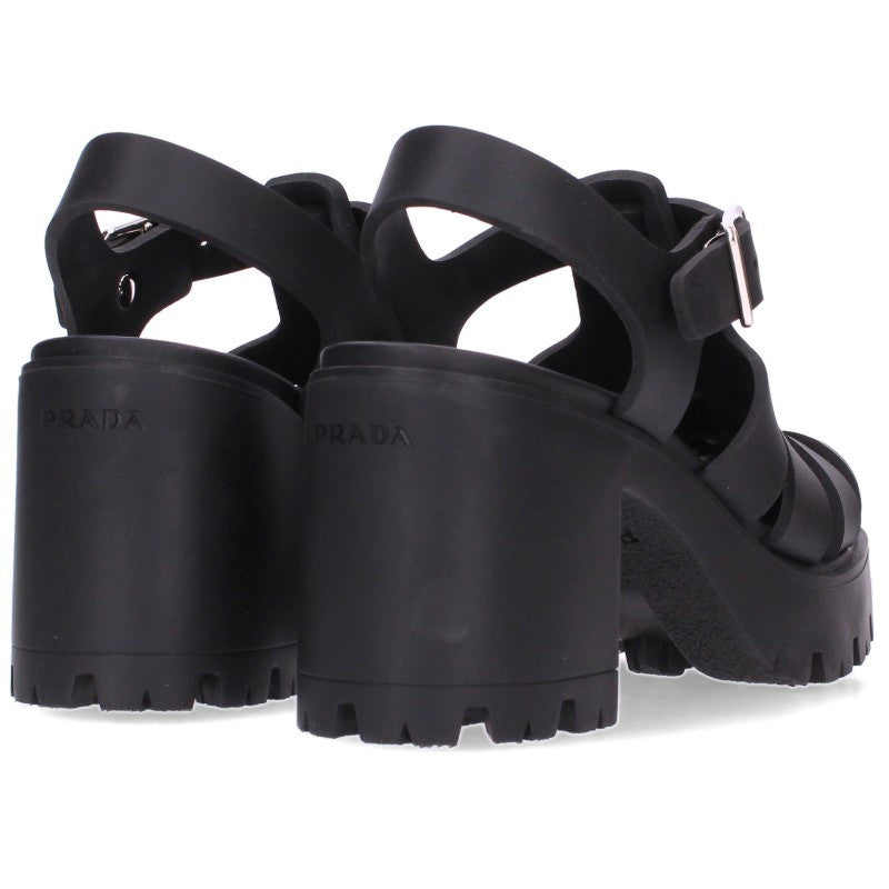 PRADA Rubber Platform Triangle Logo Sandals Black Size 37
