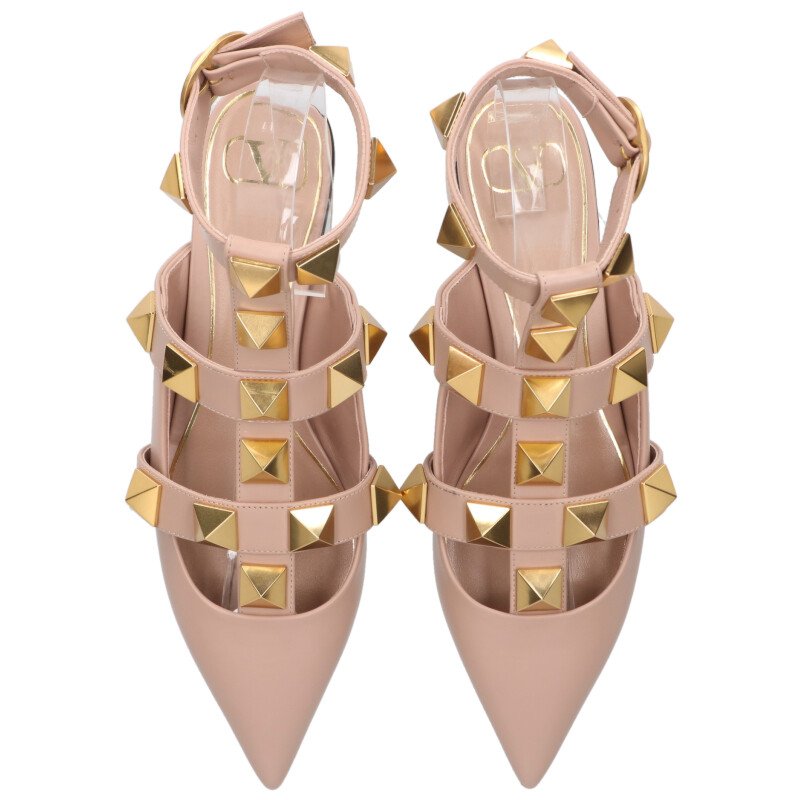Valentino Roman Studs Flat Pumps Pink Gold Size 39