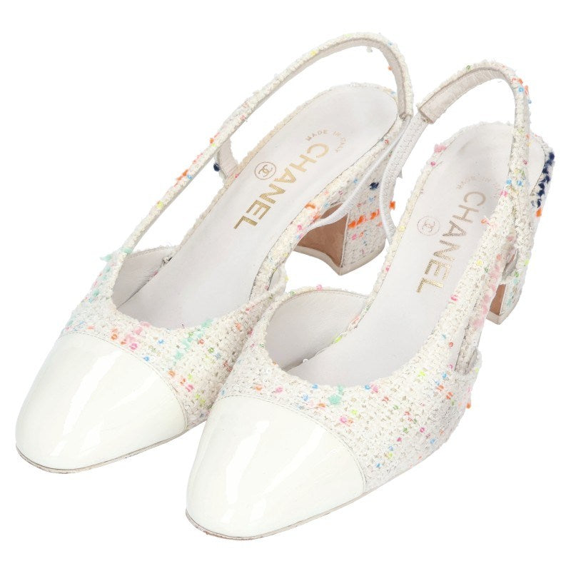 Chanel Tweed Sequin Slingback Pumps White Size 36.5