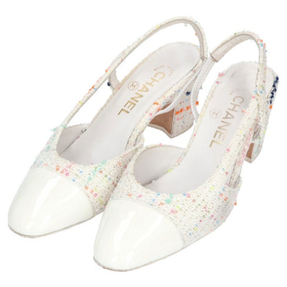 Chanel Tweed Sequin Slingback Pumps White Size 36.5