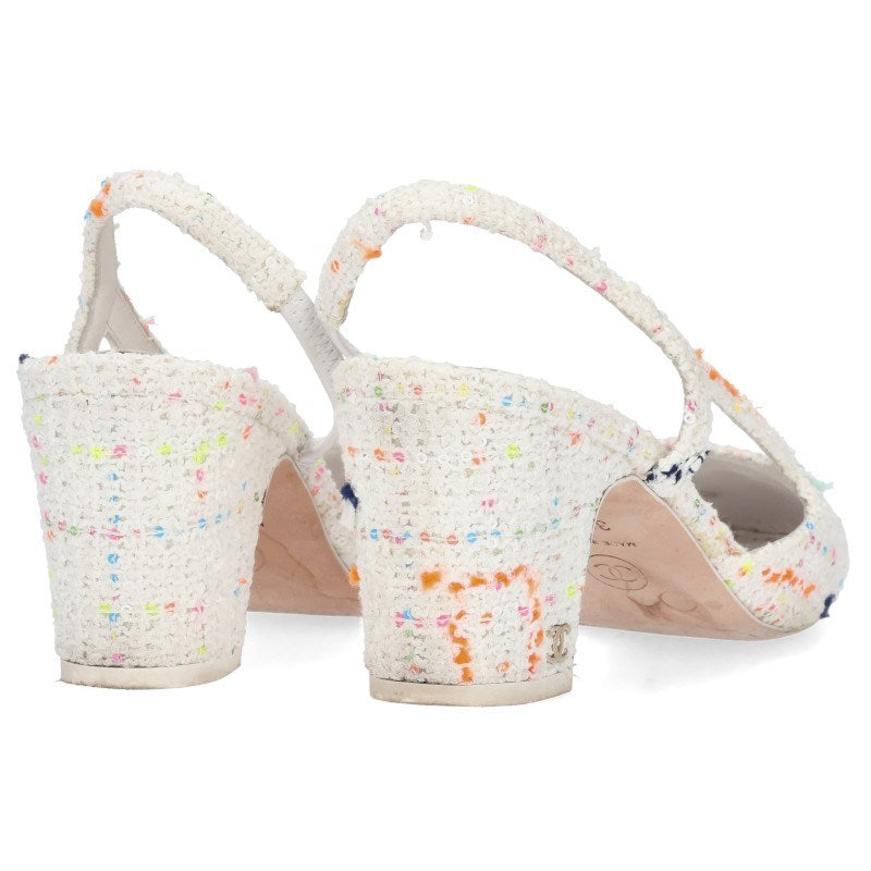 Chanel Tweed Sequin Slingback Pumps White Size 36.5