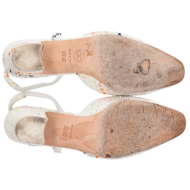 Chanel Tweed Sequin Slingback Pumps White Size 36.5