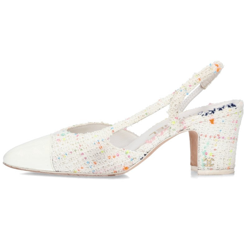 Chanel Tweed Sequin Slingback Pumps White Size 36.5