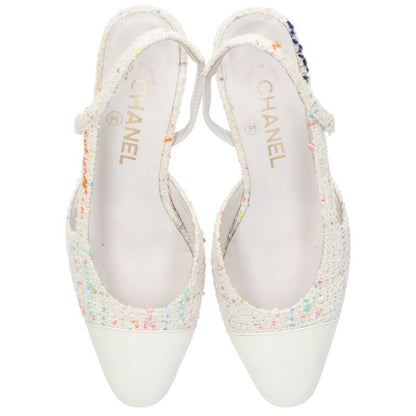 Chanel Tweed Sequin Slingback Pumps White Size 36.5