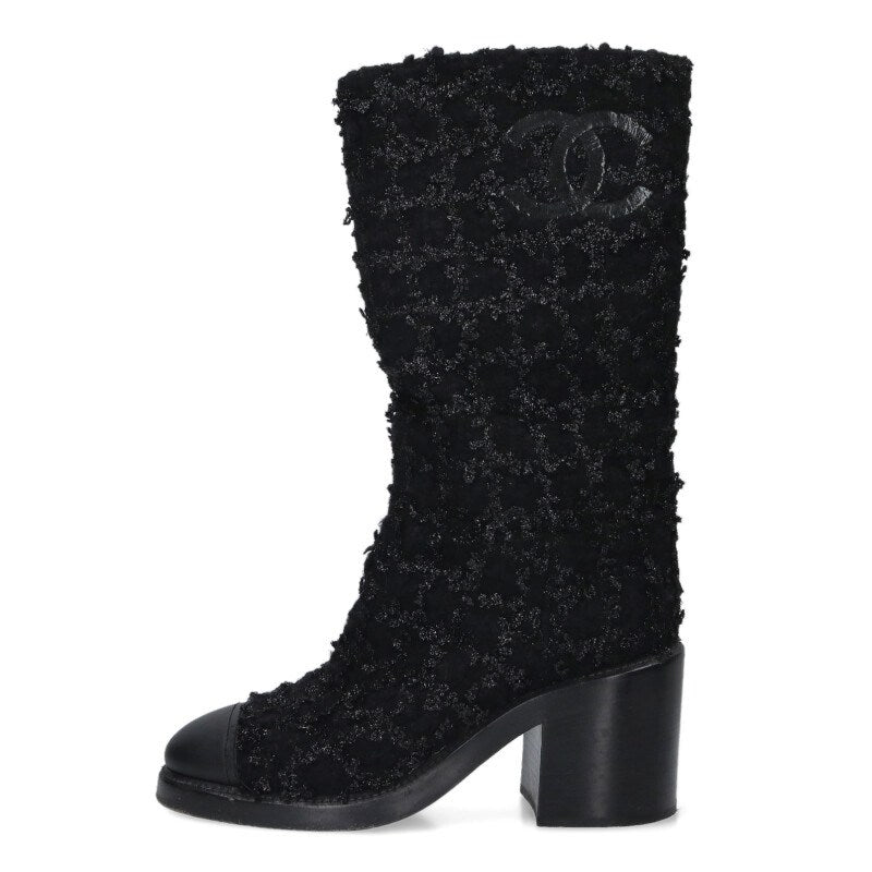 Chanel Black Coco Mark Tweed Leather Long Boots Size 36