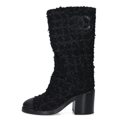 Chanel Black Coco Mark Tweed Leather Long Boots Size 36