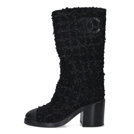 Chanel Black Coco Mark Tweed Leather Long Boots Size 36