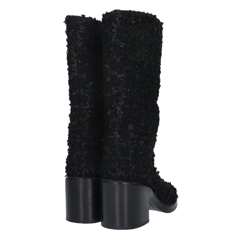 Chanel Black Coco Mark Tweed Leather Long Boots Size 36