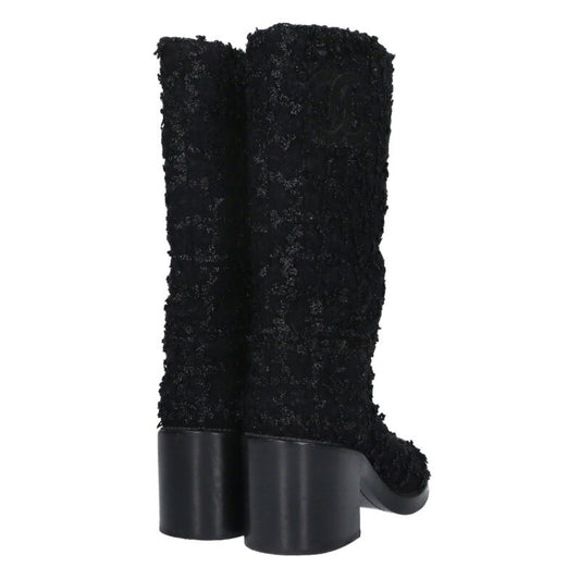 Chanel Black Coco Mark Tweed Leather Long Boots Size 36