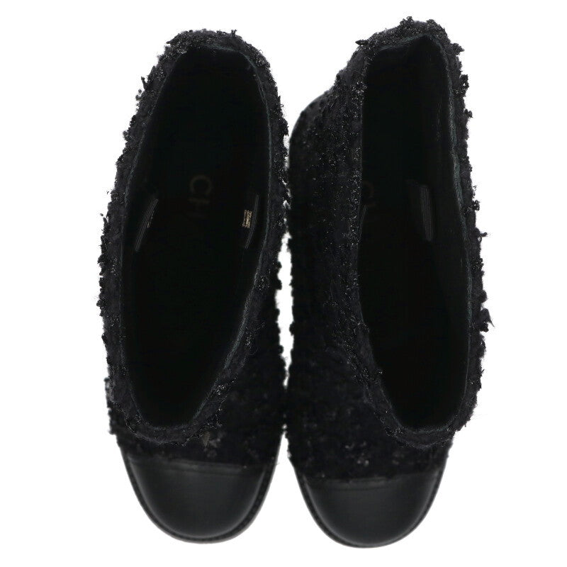 Chanel Black Coco Mark Tweed Leather Long Boots Size 36