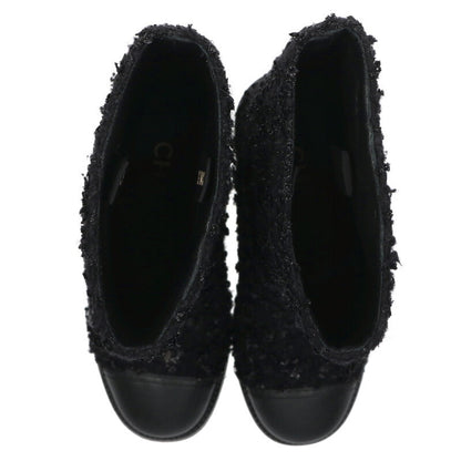 Chanel Black Coco Mark Tweed Leather Long Boots Size 36