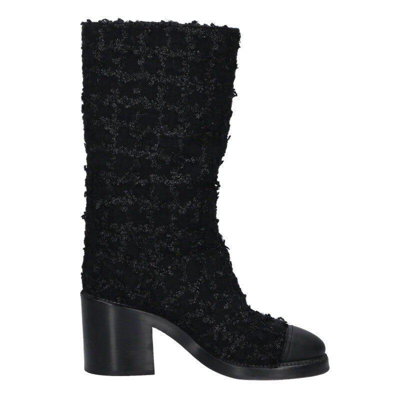 Chanel Black Coco Mark Tweed Leather Long Boots Size 36