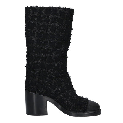 Chanel Black Coco Mark Tweed Leather Long Boots Size 36