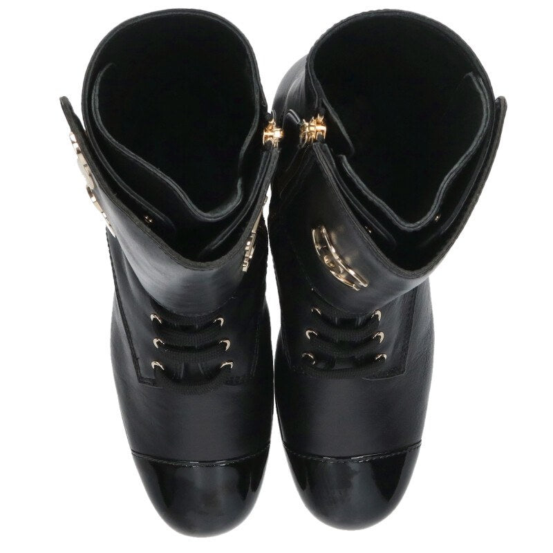 Chanel Coco Mark Side Snap Boots Black & Gold Size 38.5
