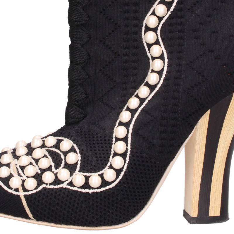 Fendi Rococo Pearl Sock Heel Boots Navy Size 38