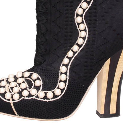 Fendi Rococo Pearl Sock Heel Boots Navy Size 38