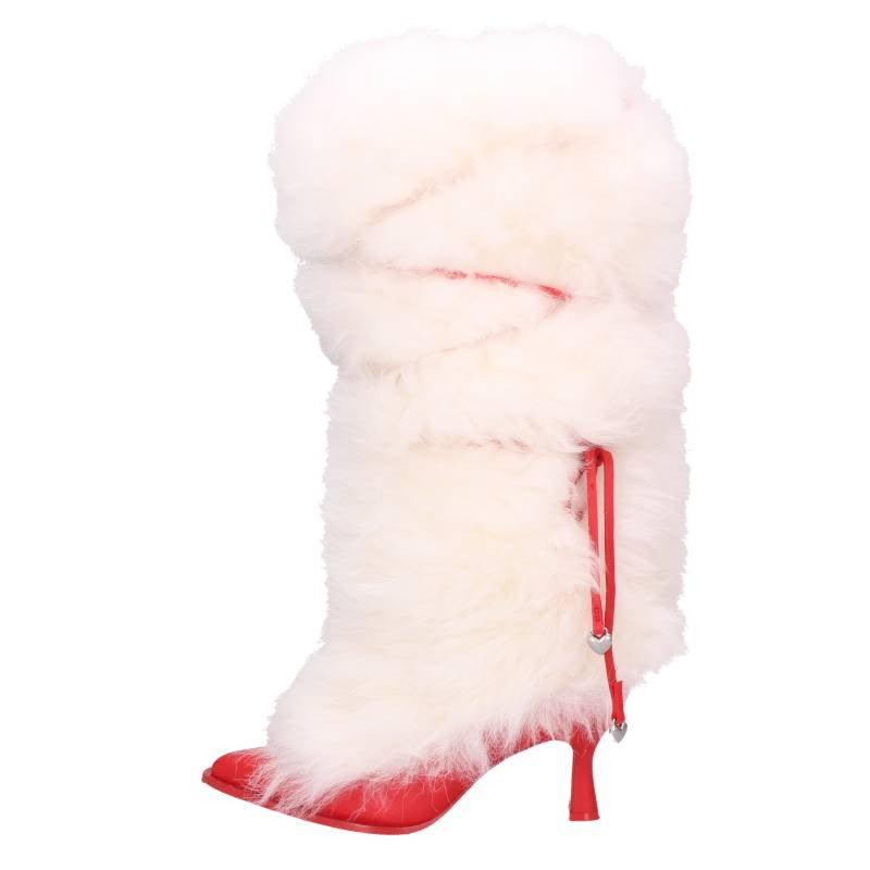 Ambush Design White & Red Fur Stiletto Heel Boots Size US7