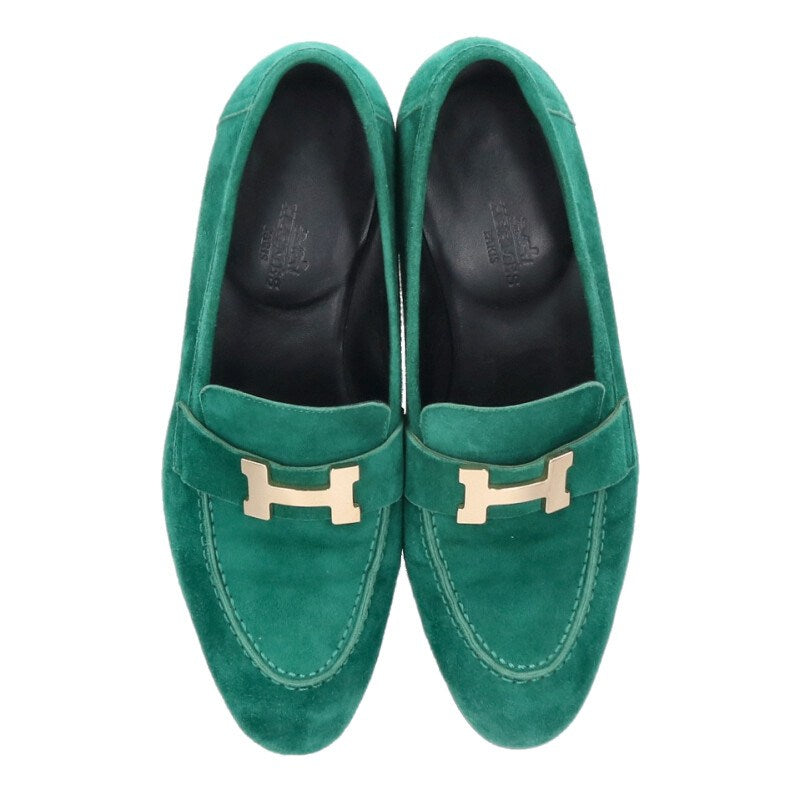 Hermes H Buckle Suede Loafer Green Gold Size 35.5