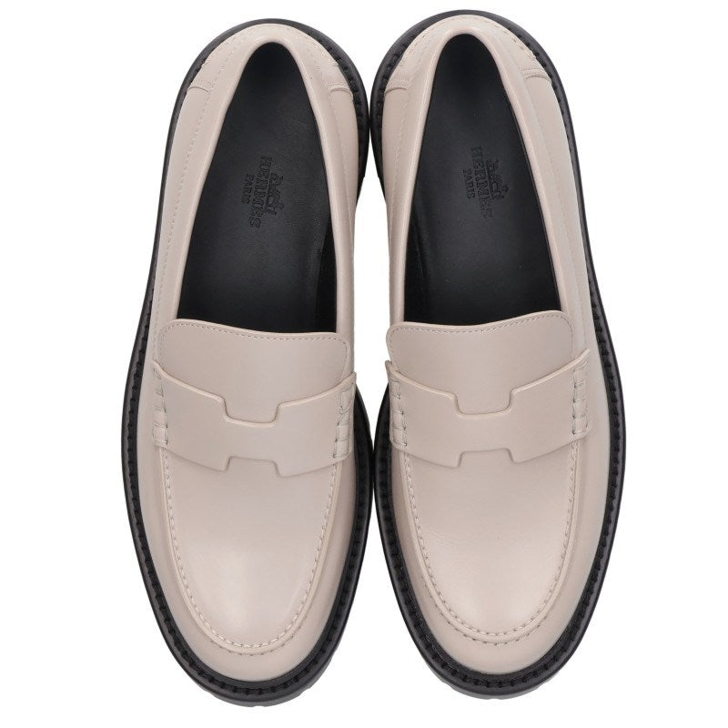 Hermes Clemence Leather Moccasin Loafers Beige Size 38