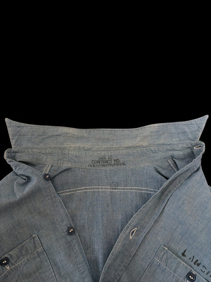 US NAVY 40s Vintage Parallel Stitch Chambray Shirt Size L