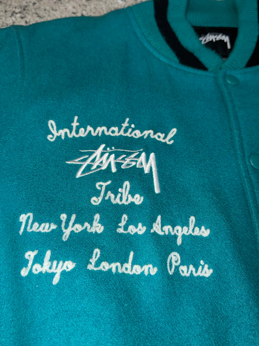 Stussy Big S Letterman Jacket Turquoise Blue Size L