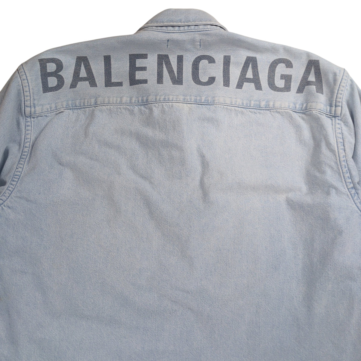 BALENCIAGA Logo Printed Washed Denim Shirt Blue Size 32
