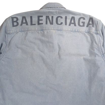 BALENCIAGA Logo Printed Washed Denim Shirt Blue Size 32