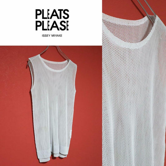 PLEATS PLEASE White Sheer Mesh Pleated Tank Top Size XS