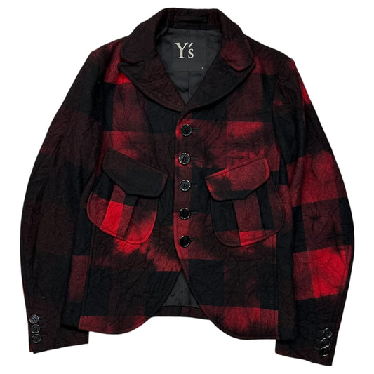 Y's Buffalo Check Short Wool Jacket Black/Red Size 1