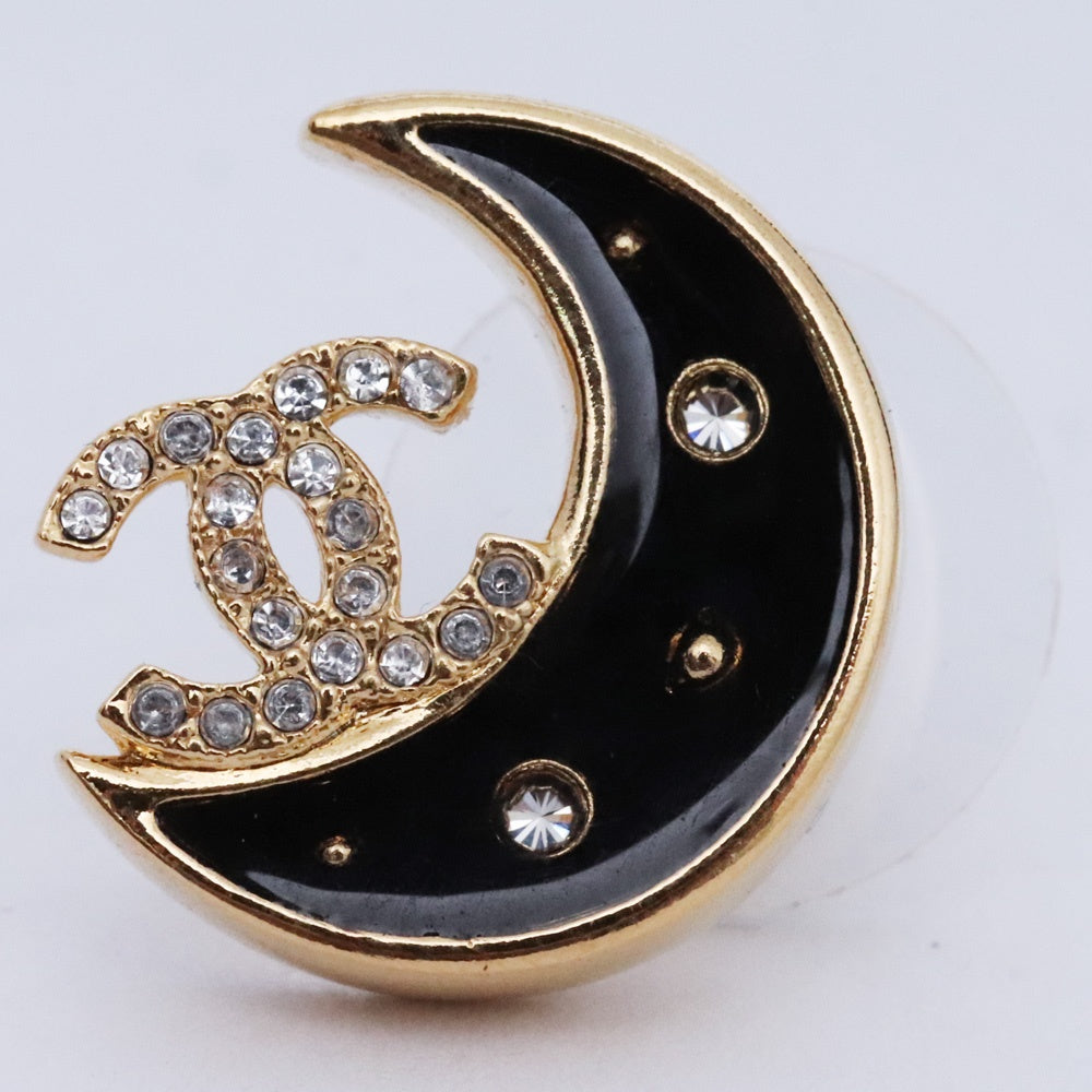 Chanel Coco Mark Moon Rhinestone Gold Black Earrings Size F