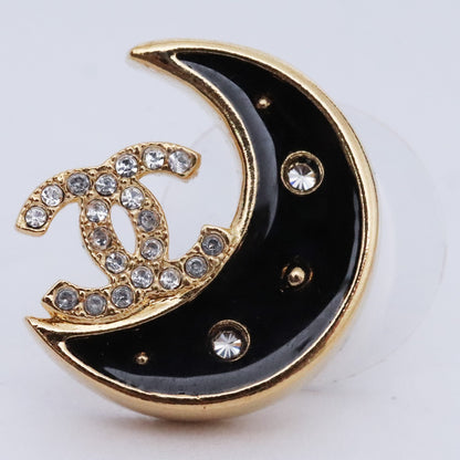Chanel Coco Mark Moon Rhinestone Gold Black Earrings Size F