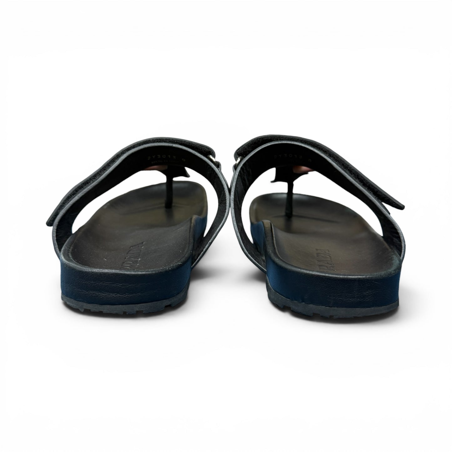 PRADA Leather Rubber Logo Thong Sandals Black