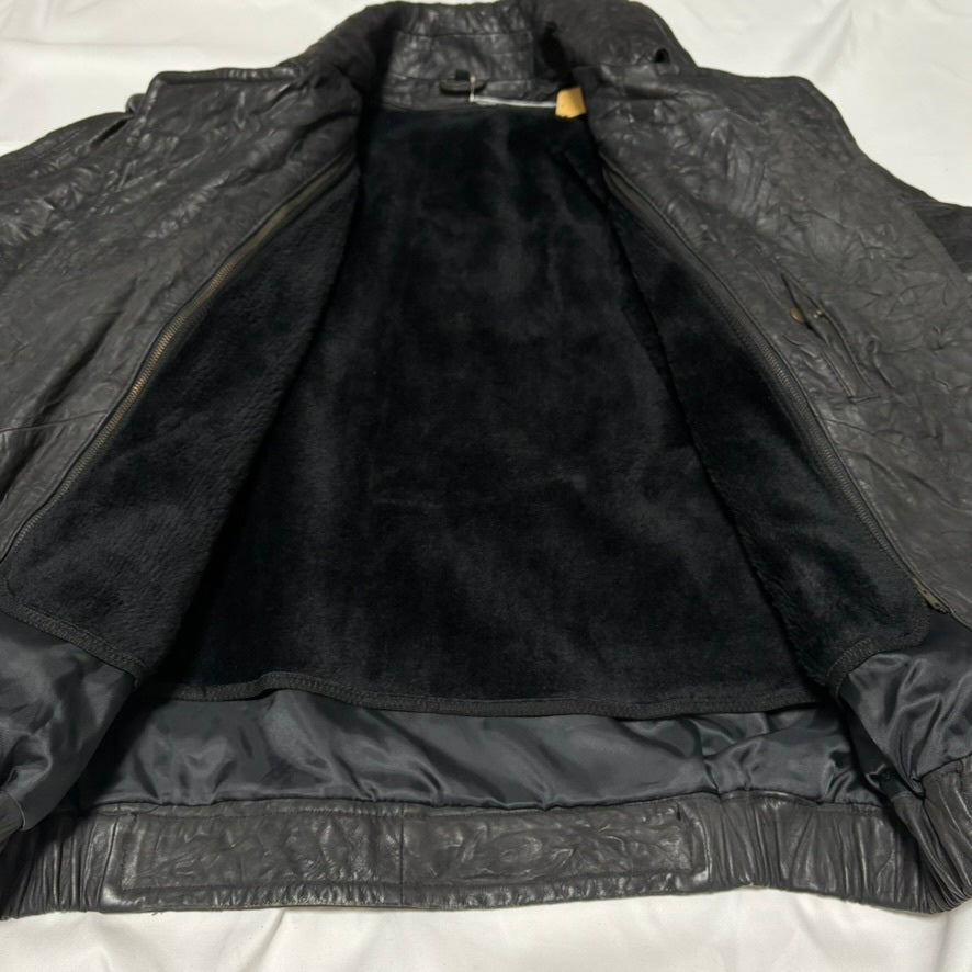 Black Wrinkled Diagonal Zip Leather Jacket Free Size