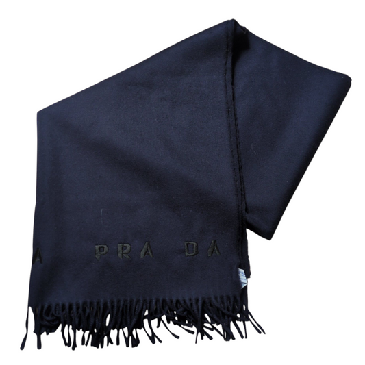 PRADA Logo Embroidered Wool Fringe Large Scarf
