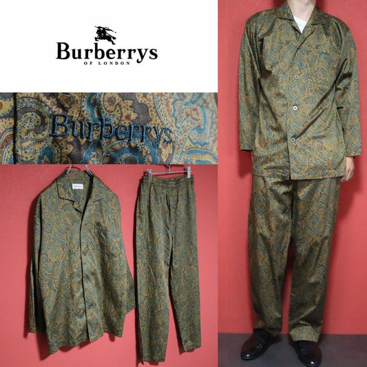 Burberrys 90s Green Paisley Open Collar Shirt Size M
