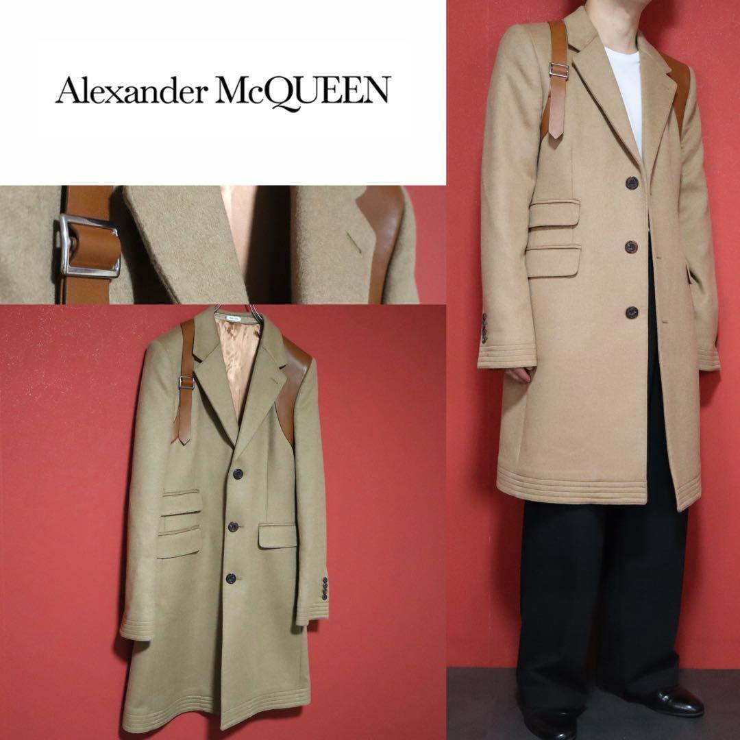 Alexander McQUEEN Leather Trim Camel Hair Long Coat Size 48