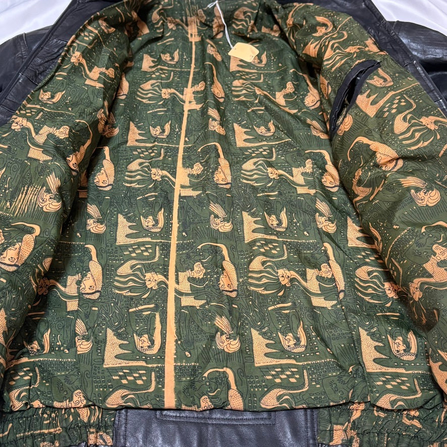 Black Mulch Pattern Lining Double Leather Jacket Free Size
