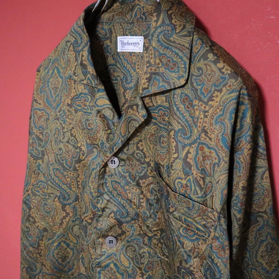 Burberrys 90s Green Paisley Open Collar Shirt Size M