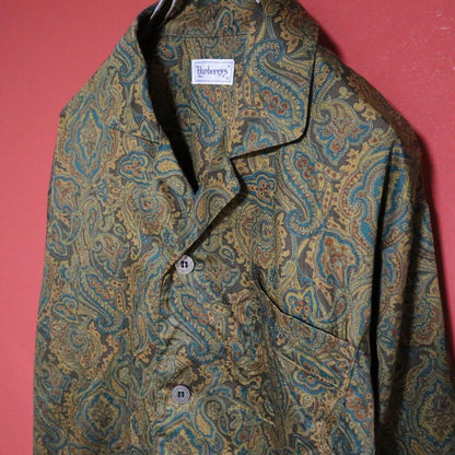 Burberrys 90s Green Paisley Open Collar Shirt Size M
