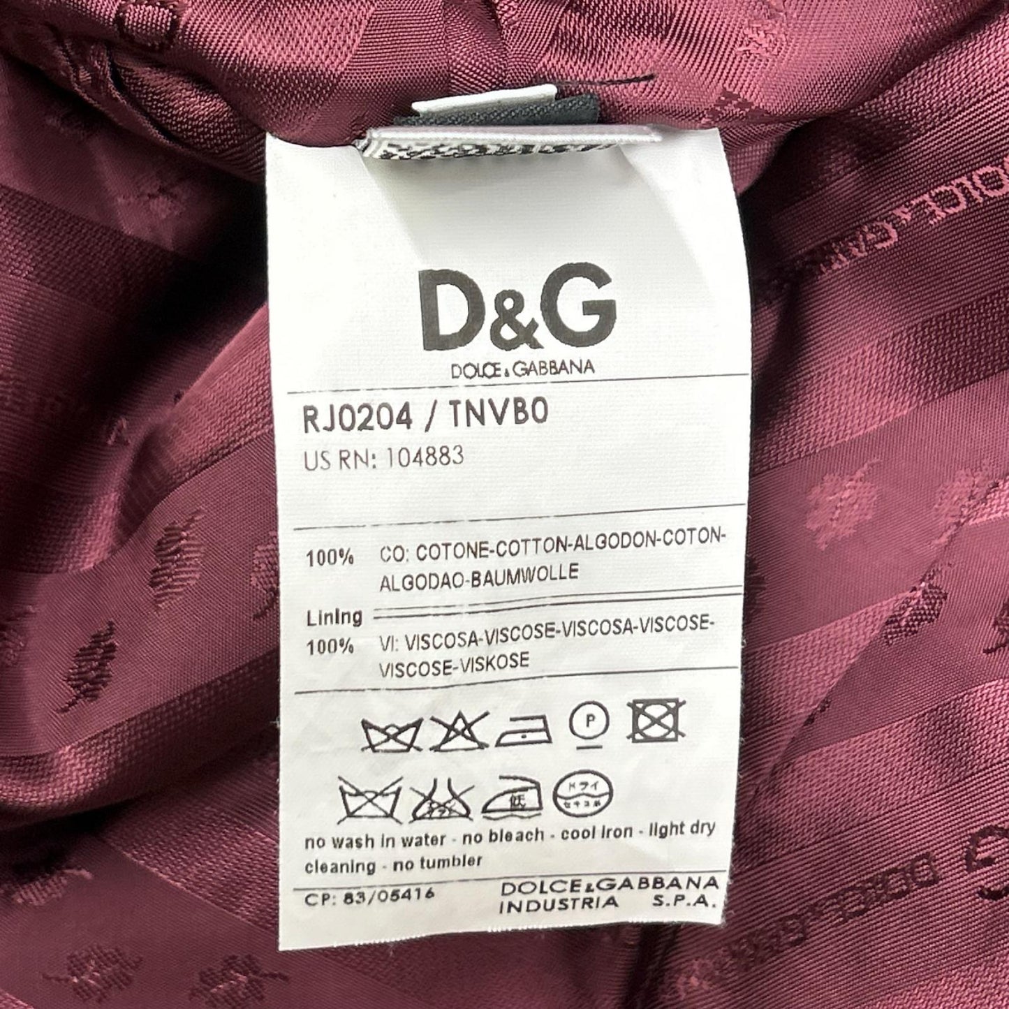 Dolce & Gabbana D&G Burgundy Velour Tuxedo Jacket Size 54