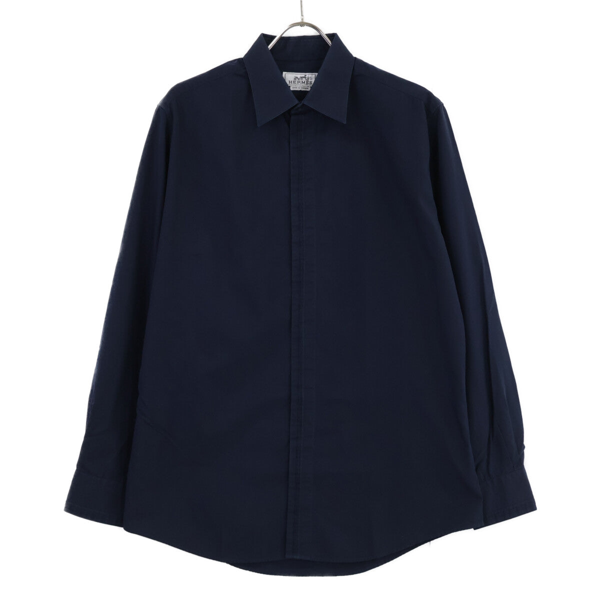 HERMES Navy Selier Button Fly Front Cotton Shirt Size 40