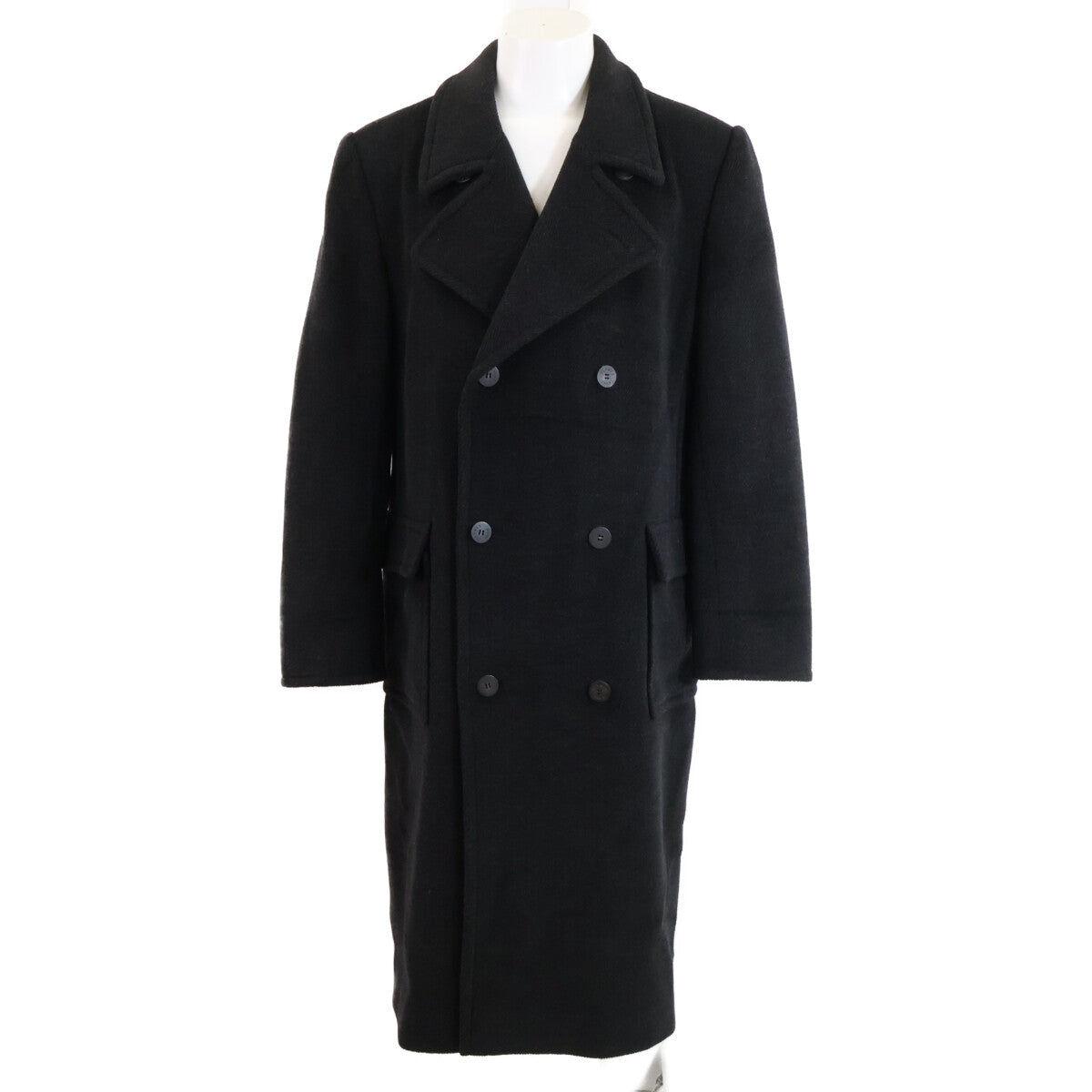HERMES '70s Wool Double Chesterfield Coat Black Size 50