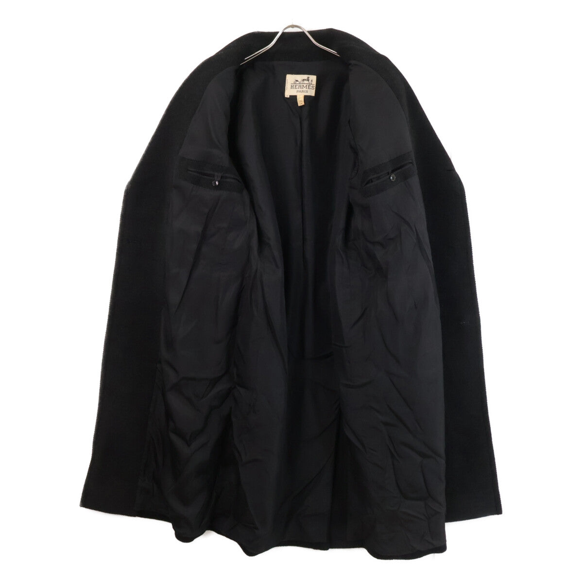 HERMES '70s Wool Double Chesterfield Coat Black Size 50
