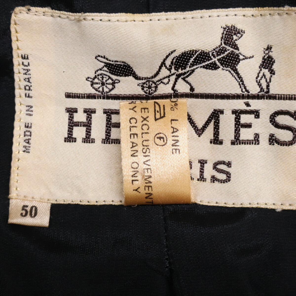 HERMES '70s Wool Double Chesterfield Coat Black Size 50