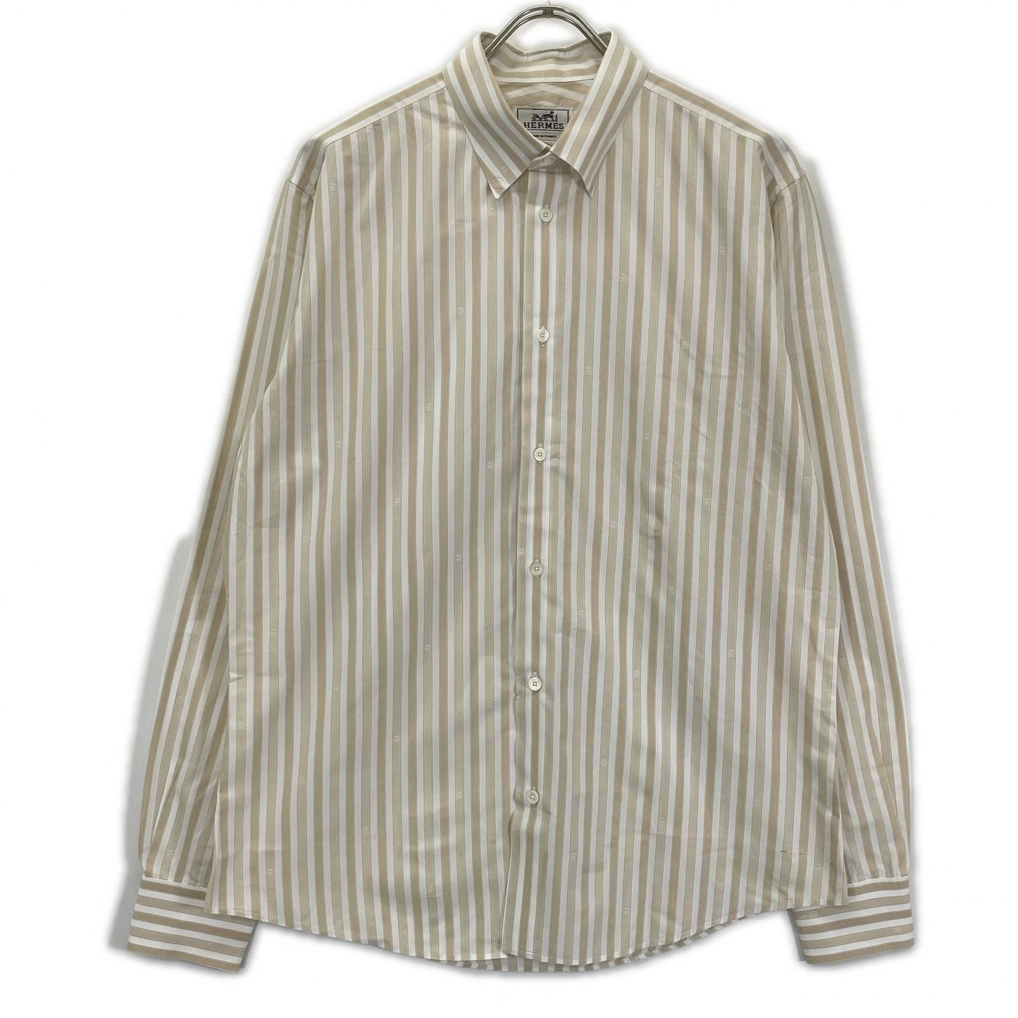 HERMES Striped Long Sleeve Shirt Beige/White Size 41/16