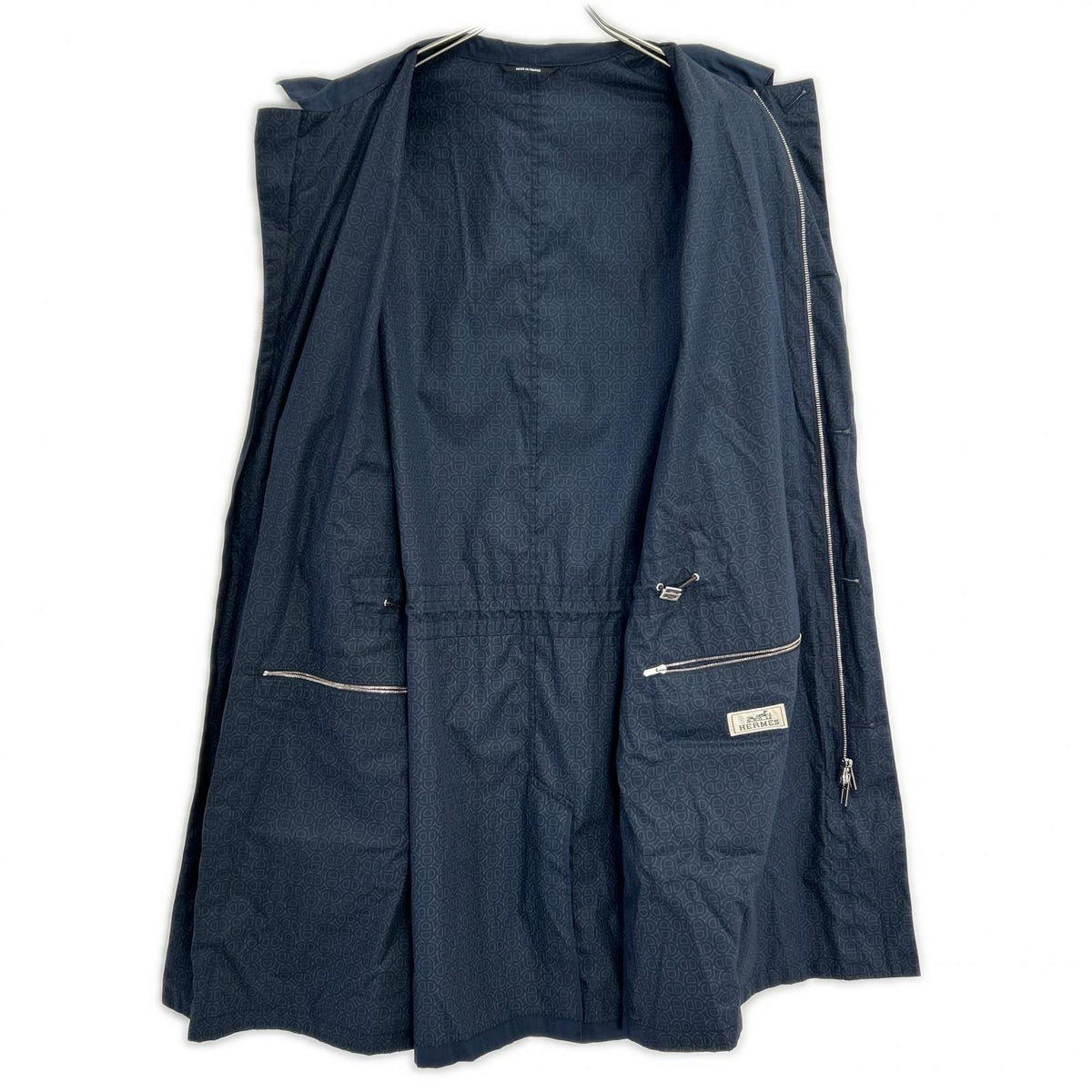 HERMES Cotton Drawcord Stand Collar Coat Navy Size 48