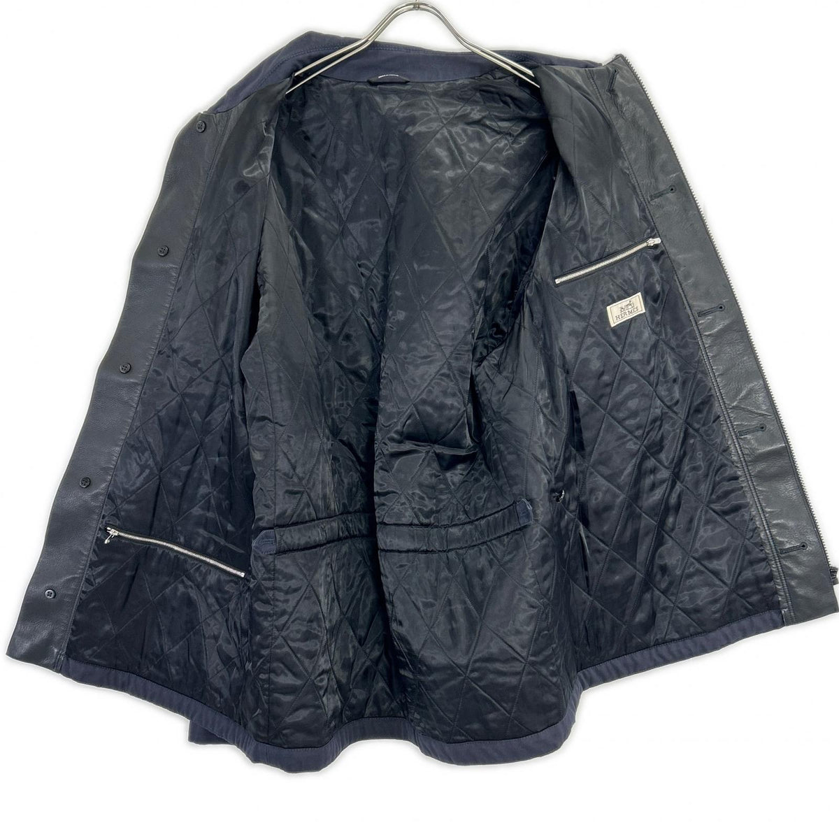 HERMES Lamb Leather Panel Half Coat Navy Size 52