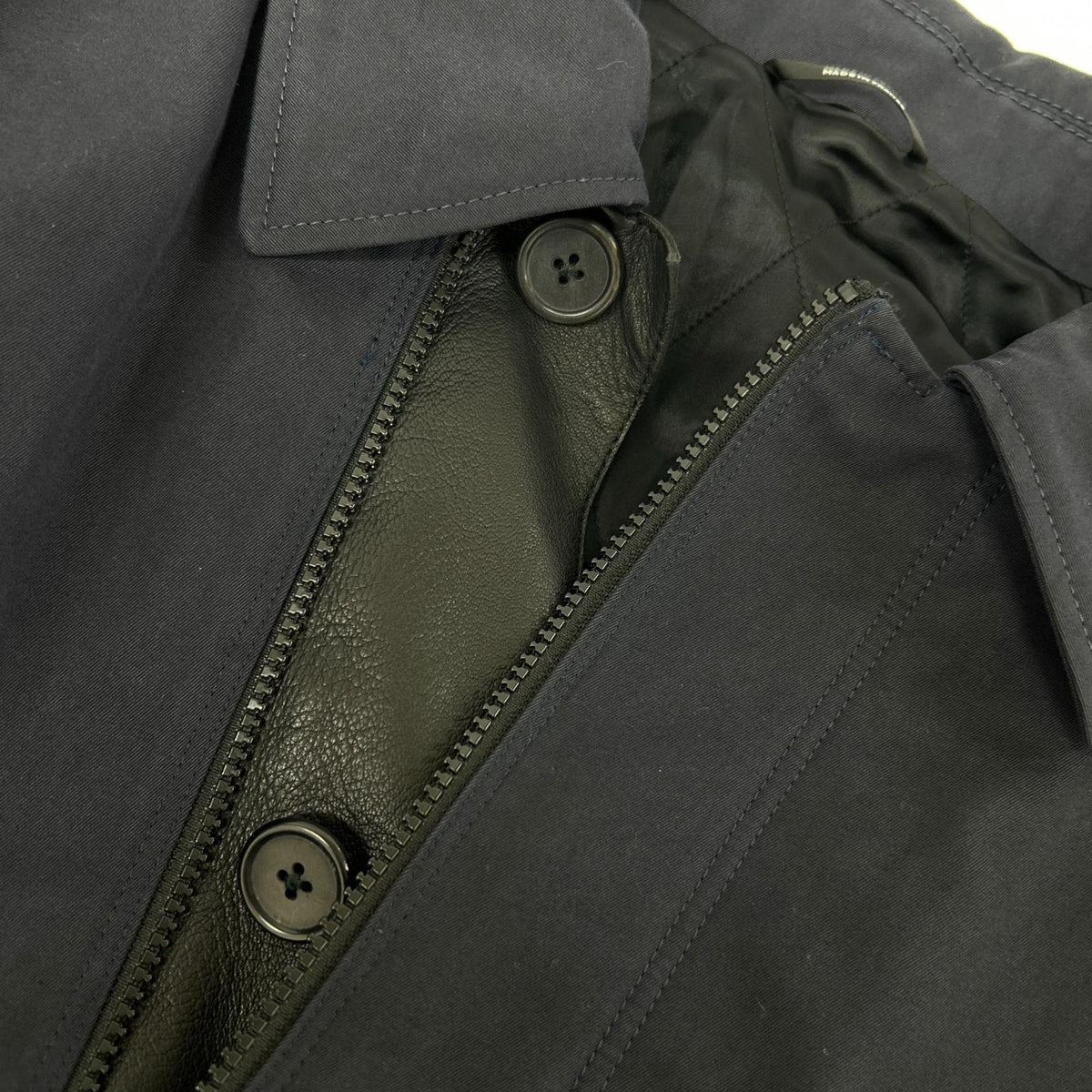 HERMES Lamb Leather Panel Half Coat Navy Size 52