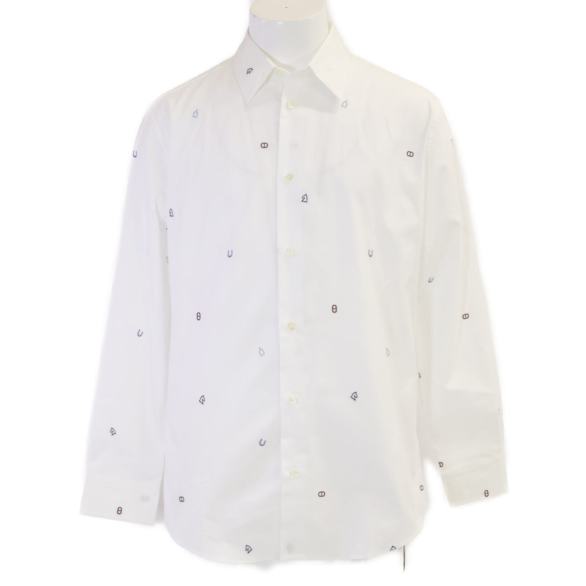HERMES Motif Embroidered Cotton Long Shirt White Size 41