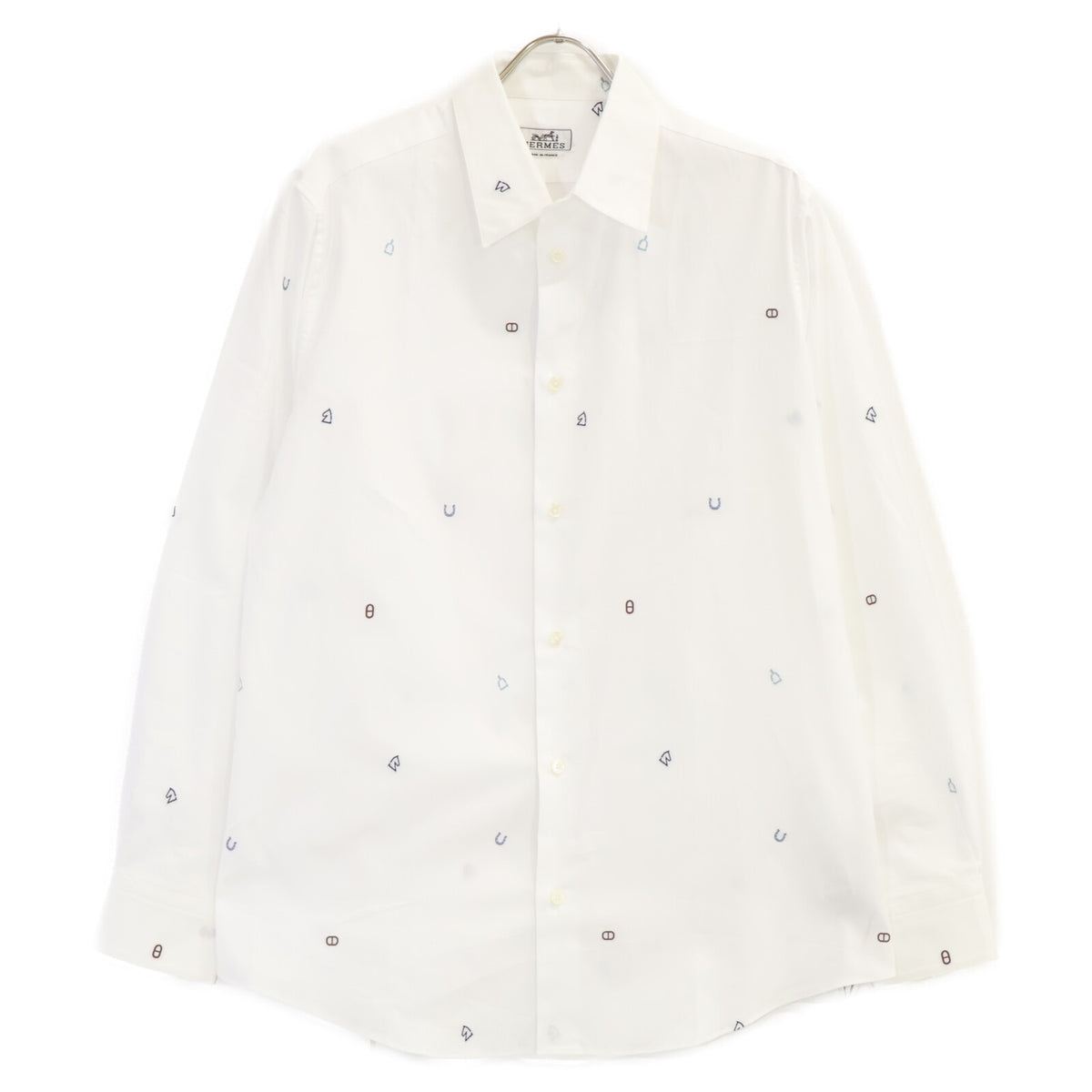 HERMES Motif Embroidered Cotton Long Shirt White Size 41